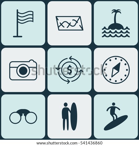 Set Of 9 Travel Icons. Includes Route, Surf-Board, Cardinal Direction And Other Symbols. Beautiful Design Elements.