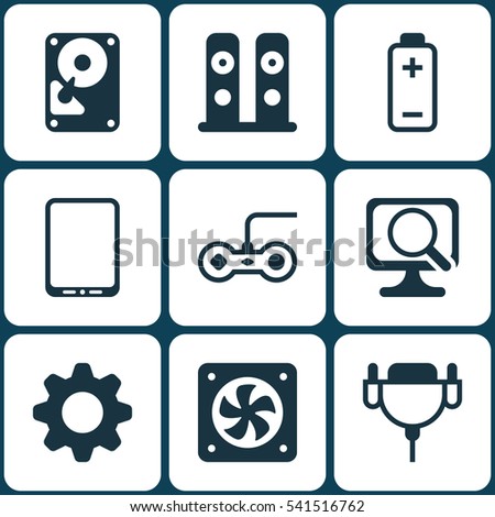 Set Of 9 Computer Hardware Icons. Includes Hdd, Vga Cord, Settings And Other Symbols. Beautiful Design Elements.