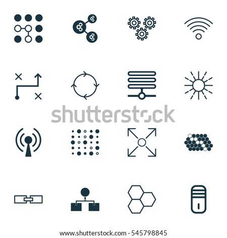 Set Of 16 Robotics Icons. Includes Algorithm Illustration, Analysis Diagram, Lightness Mode And Other Symbols. Beautiful Design Elements.