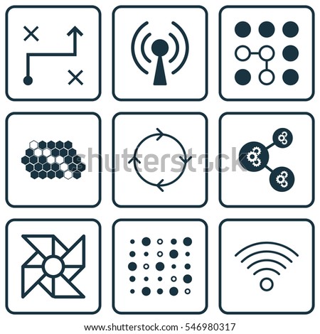 Set Of 9 Robotics Icons. Includes Laptop Ventilator, Variable Architecture, Algorithm Illustration And Other Symbols. Beautiful Design Elements.