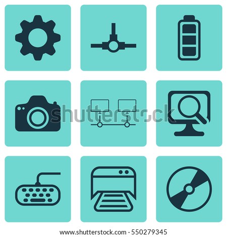 Set Of 9 Computer Hardware Icons. Includes Settings, Printed Document, Cd-Rom And Other Symbols. Beautiful Design Elements.