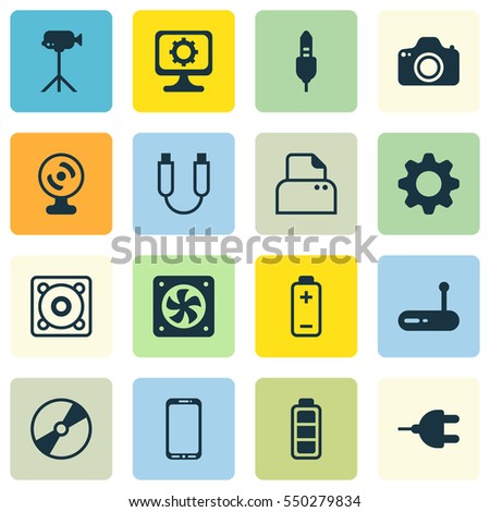 Set Of 16 Computer Hardware Icons. Includes Camera, Smartphone, Cd-Rom And Other Symbols. Beautiful Design Elements.