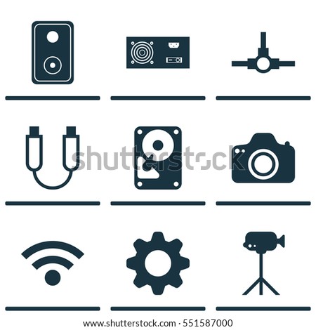 Set Of 9 Computer Hardware Icons. Includes Settings, Wireless, Camera And Other Symbols. Beautiful Design Elements.