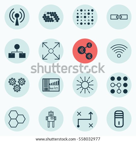 Set Of 16 Robotics Icons. Includes Algorithm Illustration, Lightness Mode, Computing Problems And Other Symbols. Beautiful Design Elements.