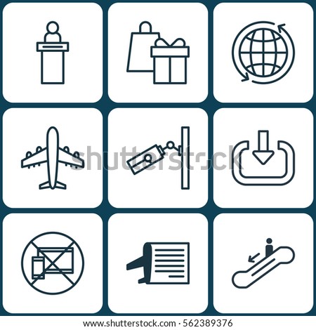 Set Of 9 Transportation Icons. Includes Timetable, Shopping, Video Surveillance And Other Symbols. Beautiful Design Elements.