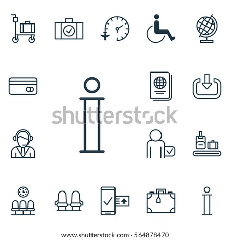 Set Of 16 Travel Icons. Includes World Sphere, Information, Seats And Other Symbols. Beautiful Design Elements.