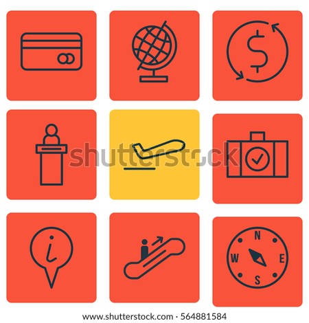 Set Of 9 Travel Icons. Includes Luggage Scanner, Plastic Card, Info Pointer And Other Symbols. Beautiful Design Elements.