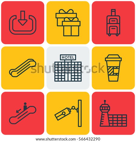 Set Of 9 Transportation Icons. Includes Airport Building, Enter, Present And Other Symbols. Beautiful Design Elements.