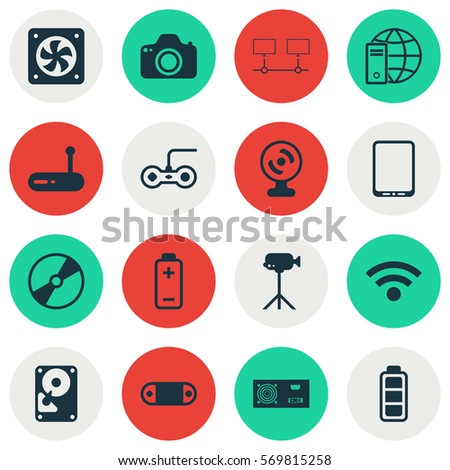 Set Of 16 Computer Hardware Icons. Includes Computer Ventilation, Cd-Rom, Radio Set And Other Symbols. Beautiful Design Elements.