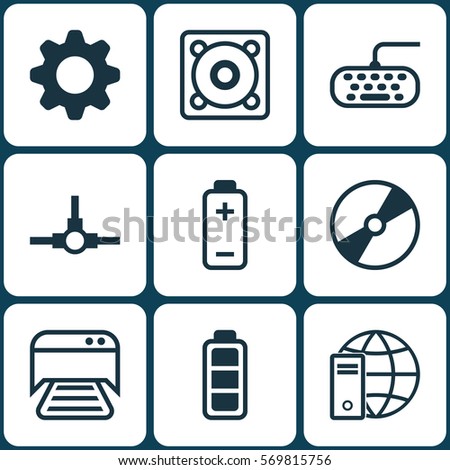 Set Of 9 Computer Hardware Icons. Includes Accumulator Sign, Computer Keypad, Settings And Other Symbols. Beautiful Design Elements.