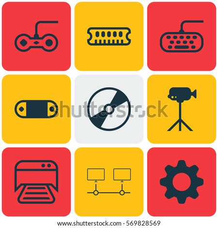 Set Of 9 Computer Hardware Icons. Includes Radio Set, Dynamic Memory, Settings And Other Symbols. Beautiful Design Elements.