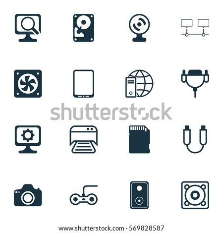 Set Of 16 Computer Hardware Icons. Includes Portable Memory, Hdd, Joystick And Other Symbols. Beautiful Design Elements.
