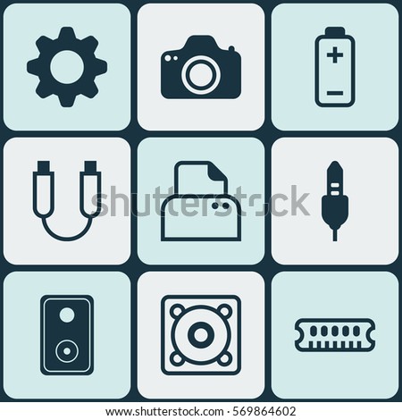 Set Of 9 Computer Hardware Icons. Includes Settings, Portable Memory, Audio Device And Other Symbols. Beautiful Design Elements.