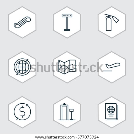 Set Of 9 Travel Icons. Includes World, Stair Lift, Fire Extinguisher And Other Symbols. Beautiful Design Elements.