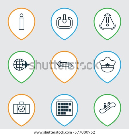 Set Of 9 Transportation Icons. Includes Information, Moving Staircase, Pilot Hat And Other Symbols. Beautiful Design Elements.
