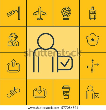 Set Of 12 Traveling Icons. Includes Enter, Flight Path, Escalator Down And Other Symbols. Beautiful Design Elements.