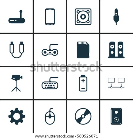 Set Of 16 Computer Hardware Icons. Includes Cd-Rom, Control Device, Connected Devices And Other Symbols. Beautiful Design Elements.