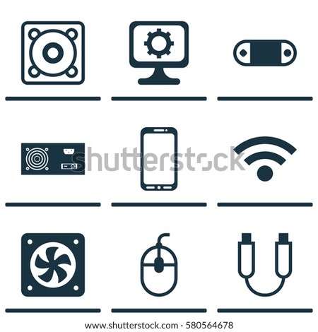 Set Of 9 Computer Hardware Icons. Includes PC, Music, Power Generator And Other Symbols. Beautiful Design Elements.