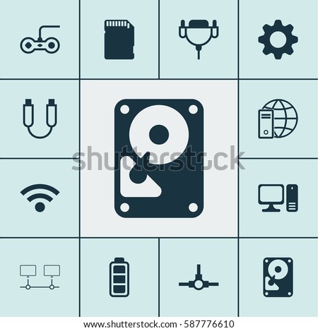 Set Of 12 Computer Hardware Icons. Includes Memory Card, Network Structure, Portable Memory And Other Symbols. Beautiful Design Elements.