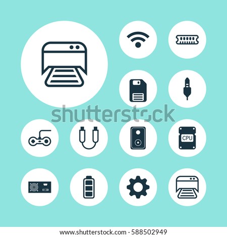 Set Of 12 Computer Hardware Icons. Includes Wireless, Portable Memory, Audio Device And Other Symbols. Beautiful Design Elements.