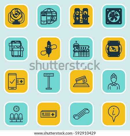 Set Of 16 Travel Icons. Includes Airport Building, Plastic Card, Escalator Down And Other Symbols. Beautiful Design Elements.