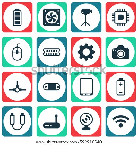 Set Of 16 Computer Hardware Icons. Includes Settings, Control Device, Cellphone And Other Symbols. Beautiful Design Elements.