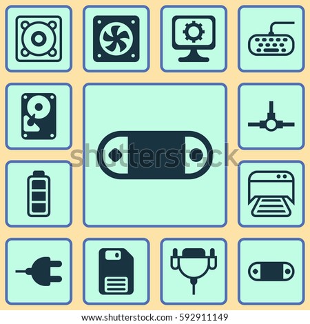 Set Of 12 Computer Hardware Icons. Includes Printed Document, Diskette, Connector And Other Symbols. Beautiful Design Elements.