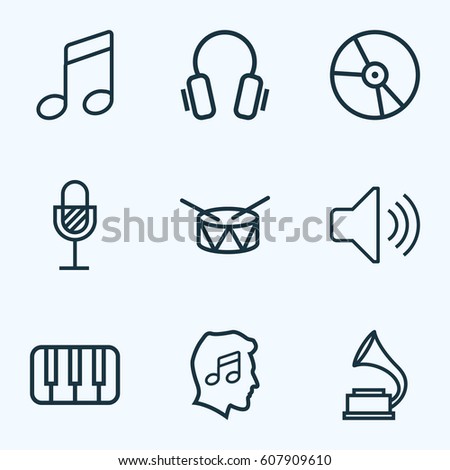 Music Outlines Set. Collection Of Plastic, Barrel, Keys And Other Elements. Also Includes Symbols Such As Barrel, Cover, Piano.