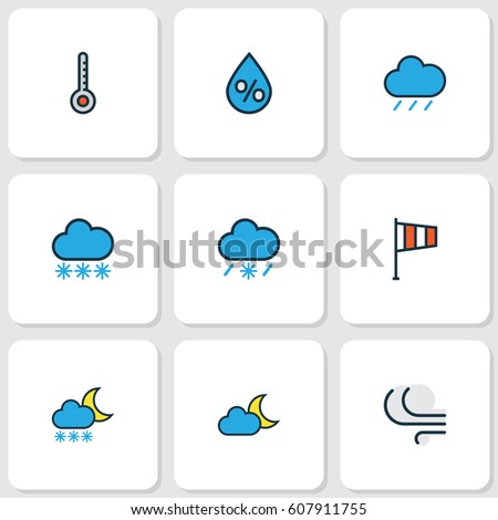 Nature Colored Outlines Set. Collection Of Freeze, Snowing, Windy And Other Elements. Also Includes Symbols Such As Hail, Wind, Moon.