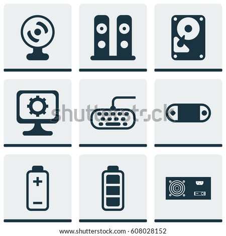 Set Of 9 Computer Hardware Icons. Includes Hdd, Loudspeakers, Computer Keypad And Other Symbols. Beautiful Design Elements.