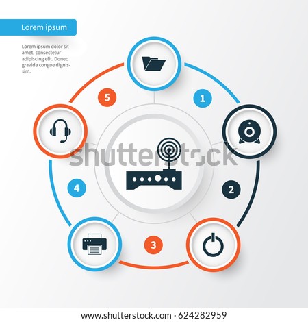 Notebook Icons Set. Collection Of Earphone, Dossier, Power On And Other Elements. Also Includes Symbols Such As Router, Wifi, Printer.