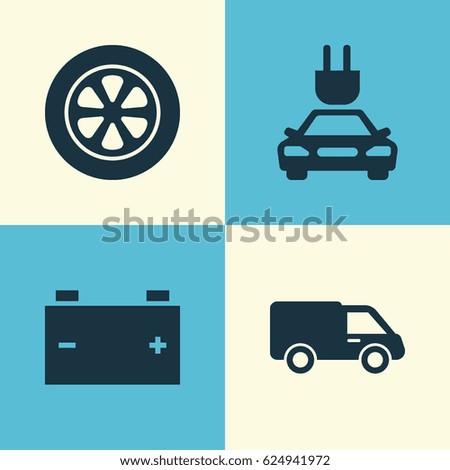 Automobile Icons Set. Collection Of Plug, Wheel, Truck And Other Elements. Also Includes Symbols Such As Tire, Lorry, Battery.