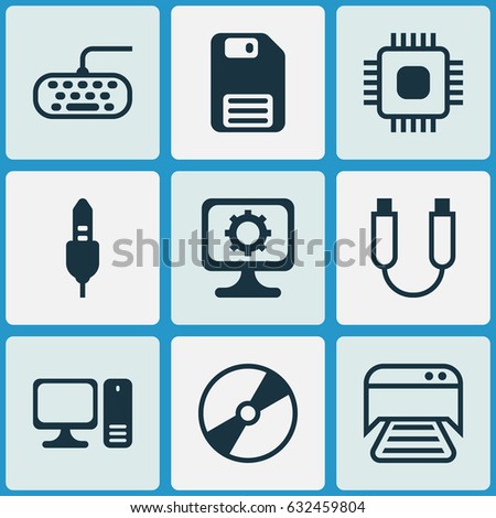 Computer Hardware Icons Set. Collection Of Computer Keypad, Cd-Rom, Portable Memory And Other Elements. Also Includes Symbols Such As Keypad, Setting, Computer.