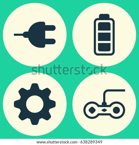 Computer Hardware Icons Set. Collection Of Accumulator Sign, Connector, Settings And Other Elements. Also Includes Symbols Such As Accumulator, Power, Gamepad.