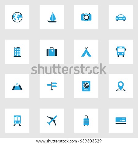 Traveling Colorful Icons Set. Collection Of Passport, Bank Card, Map Pin And Other Elements. Also Includes Symbols Such As Bag, Subway, Building.
