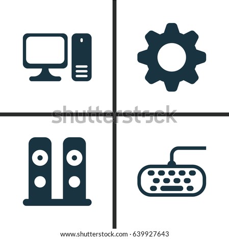 Computer Hardware Icons Set. Collection Of Loudspeakers, Desktop Computer, Computer Keypad And Other Elements. Also Includes Symbols Such As Keypad, Computer, Gear.