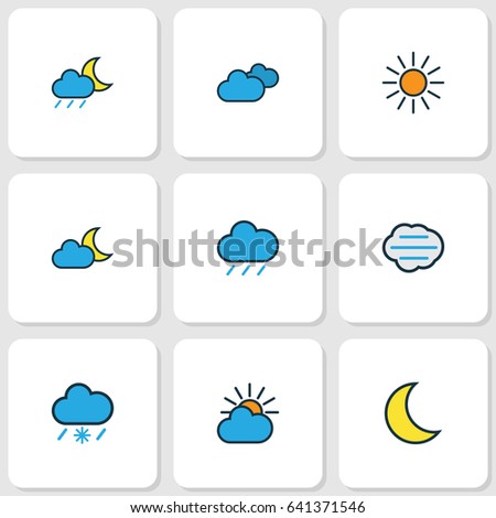 Meteorology Colorful Outline Icons Set. Collection Of Lunar, Overcast Weather, Hail And Other Elements. Also Includes Symbols Such As Cloud, Sunshine, Twilight.