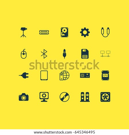 Computer Hardware Icons Set. Collection Of Computer Ventilation, Diskette, Wireless Connection And Other Elements. Also Includes Symbols Such As Video, Mechanism, Disk.