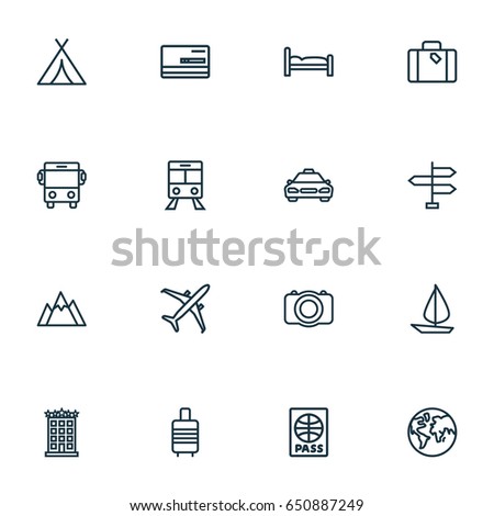 Exploration Outline Icons Set. Collection Of Video, Direction, Ship And Other Elements. Also Includes Symbols Such As Signpost, Valise, Taxi.