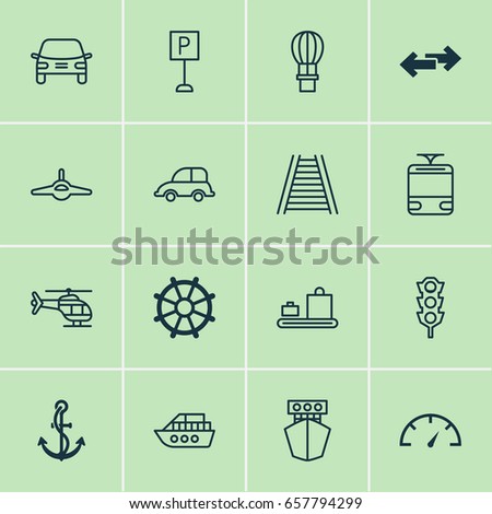 Vehicle Icons Set. Collection Of Auto Car, Baggage Carousel, Flight Basket And Other Elements. Also Includes Symbols Such As Anchor, Baggage, Parking.