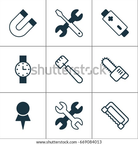Instrument Icons Set. Collection Of Timer, Location, Spatula And Other Elements. Also Includes Symbols Such As Accumulator, Watch, Repair.