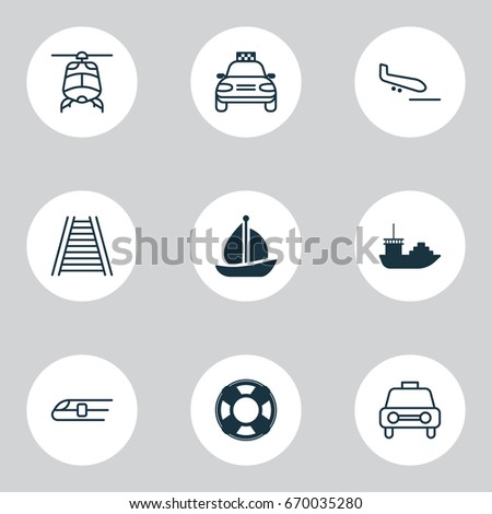 Vehicle Icons Set. Collection Of Tanker, Chopper, Car Vehicle And Other Elements. Also Includes Symbols Such As Railway, Shipping, Landing.