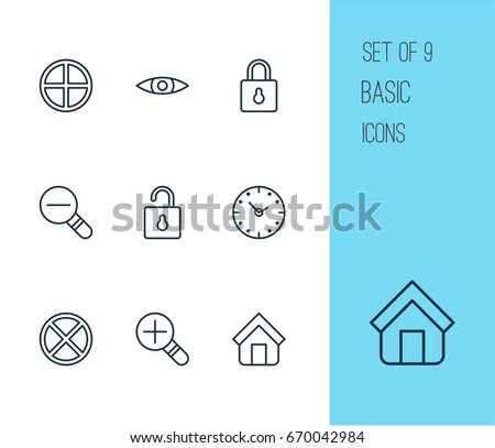 Web Icons Set. Collection Of Zoom Out, Safeguard, Time And Other Elements. Also Includes Symbols Such As Padlock, Clock, Positive.