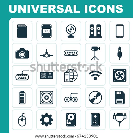 Hardware Icons Set. Collection Of Settings, Aux Cord, Diskette And Other Elements. Also Includes Symbols Such As Connectivity, Gamepad, Computer.