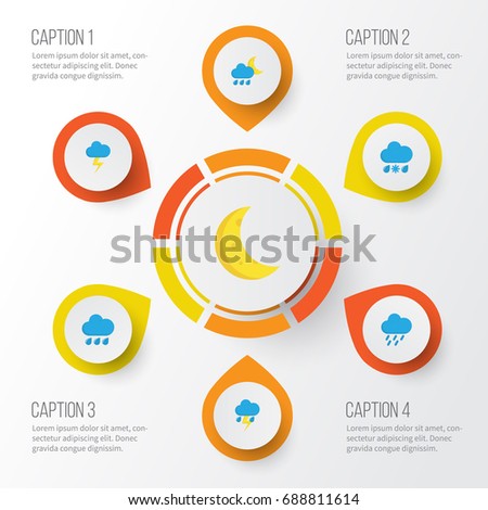 Climate Flat Icons Set. Collection Of Moon, Drizzles, Lightning And Other Elements. Also Includes Symbols Such As Lightning, Hail, Drizzles.