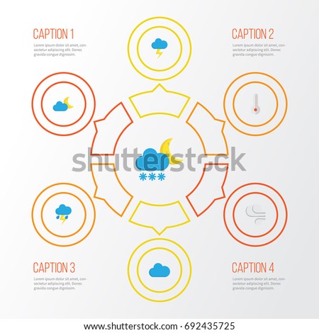 Weather Flat Icons Set. Collection Of Storm, Lightning, Temperature And Other Elements. Also Includes Symbols Such As Outbreak, Cloudy, Hot.