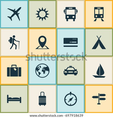 Traveling Icons Set. Collection Of Sunny, Railway Carriage, Mastercard And Other Elements. Also Includes Symbols Such As Baggage, Signpost, Valise.