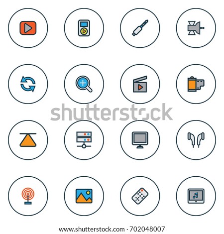 Media Colorful Outline Icons Set. Collection Of Screen, Eject, Picture And Other Elements. Also Includes Symbols Such As Top, Clap, Eject.