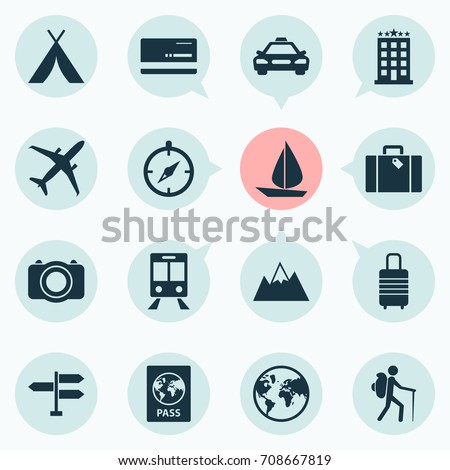 Exploration Icons Set. Collection Of Traveler, Boat, Suitcase And Other Elements. Also Includes Symbols Such As Train, Bank, Mastercard.