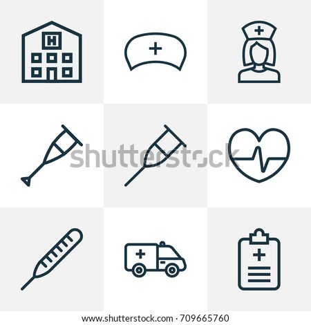 Medicine Outline Icons Set. Collection Of Building, Nurse, Heartbeat And Other Elements. Also Includes Symbols Such As Cap, Assistant, Thermometer.